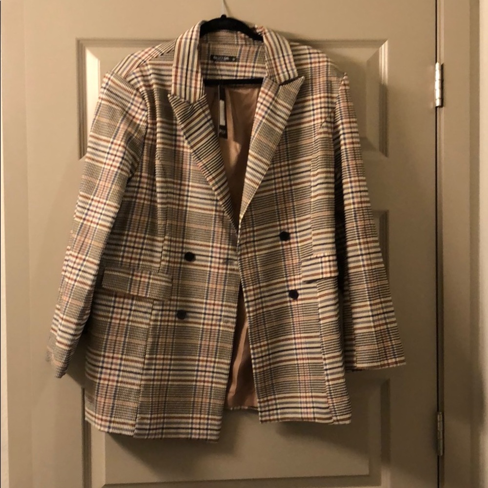 Nasty Gal tan checkered blazer